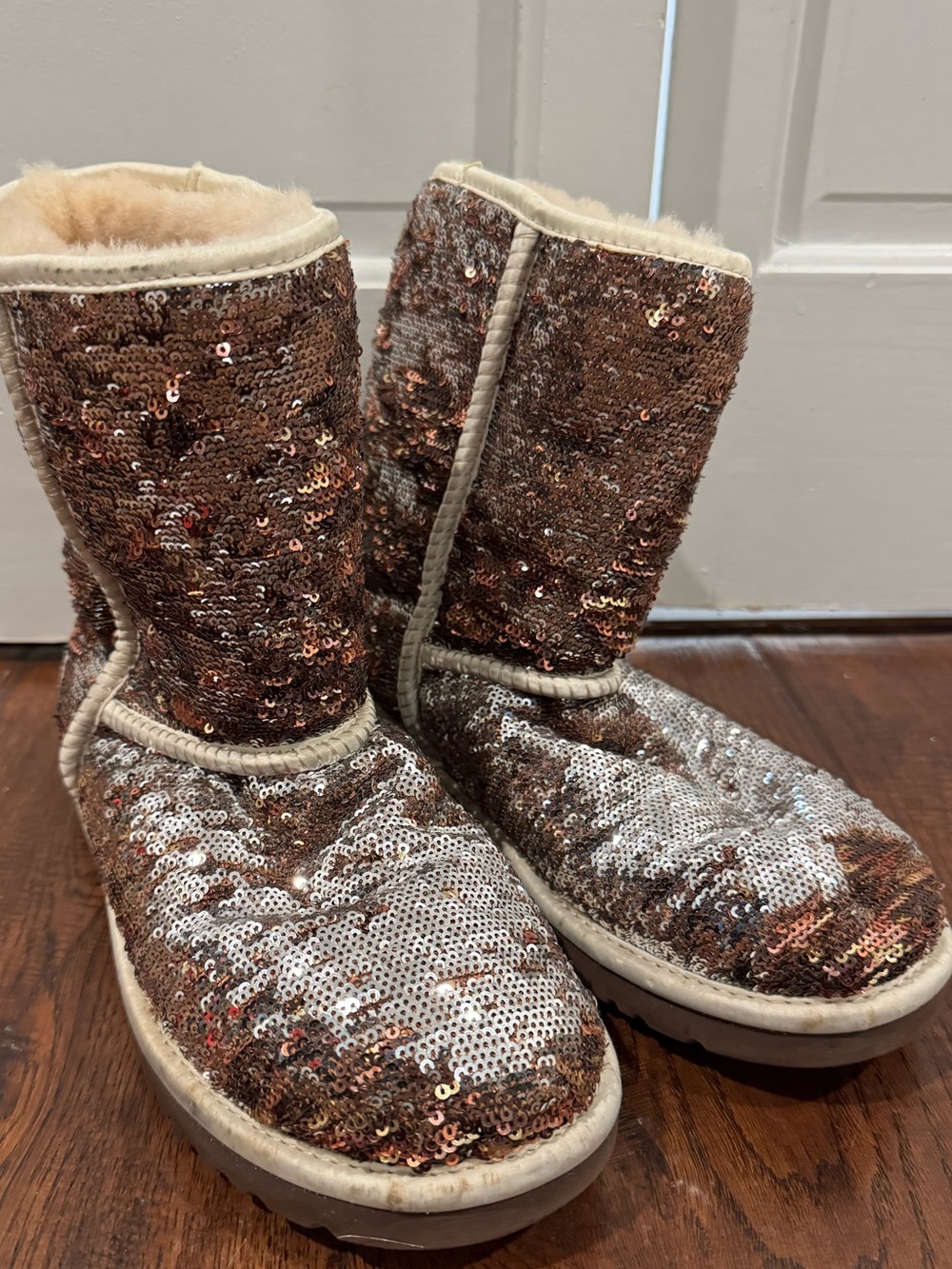 UGG Sequin Mid-Calf Boots in Rose Gold and Cream